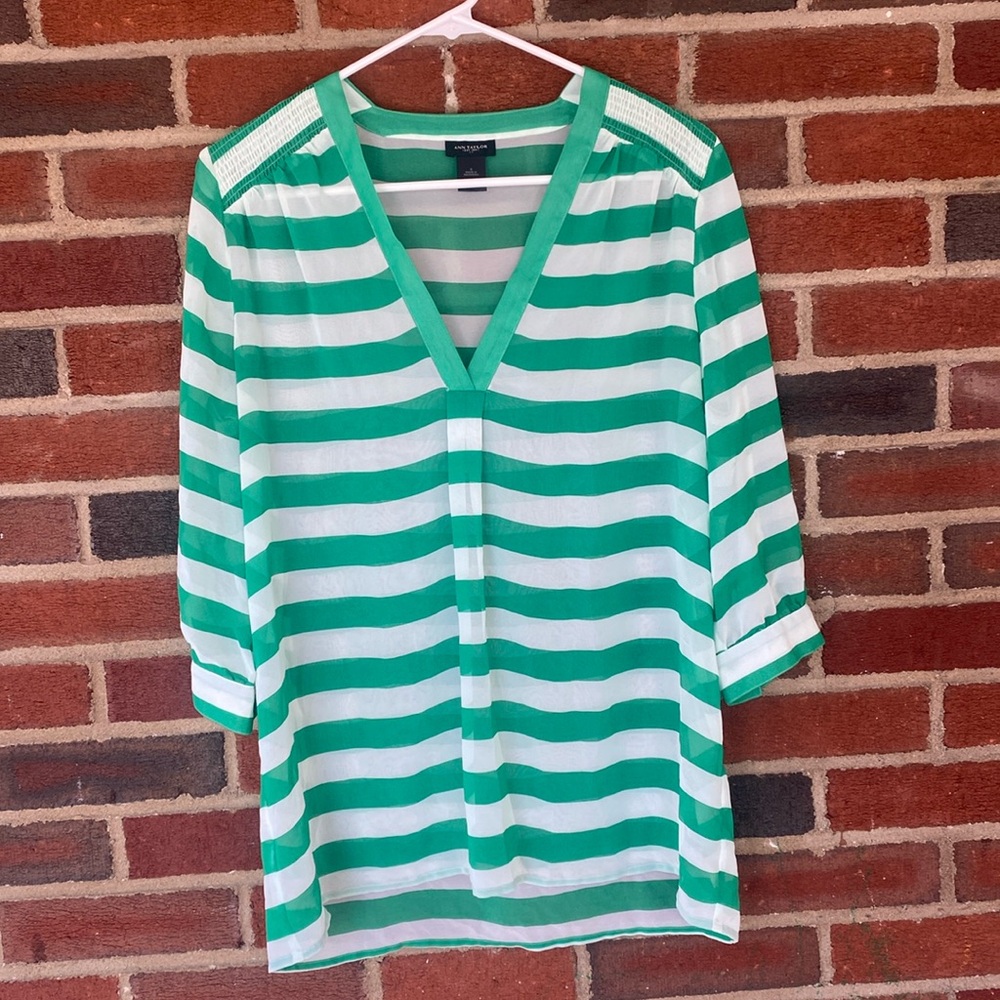 Ann Taylor V neck green and white striped blouse